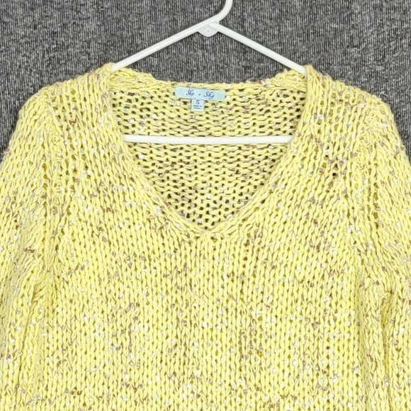 She + Sky Sweater Womens Small Yellow Long Sleeve V Neck Open Knit - Picture 2 of 10